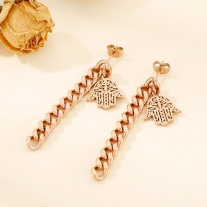 Detail of rose gold Hamsa earrings with chunky Cuban chain and hollow hand pendant