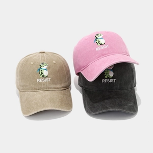Vintage washed cotton baseball caps with embroidered frog and Resist text in three colors