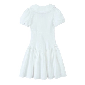 Abito bianco in cotone con colletto Peter Pan, bordo in pizzo e maniche a sbuffo