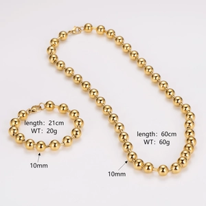 Detail of 10mm gold bead necklace and bracelet set with size and weight specifications