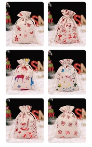 Christmas cotton linen drawstring gift bags with various gold stamping holiday patterns