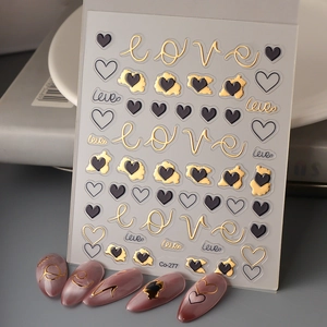 5D embossed heart nail art stickers with gold foil and love script design Co-277