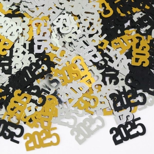 Confettis de fête Nouvel An 2025 en or argent et noir sur fond blanc éclatant