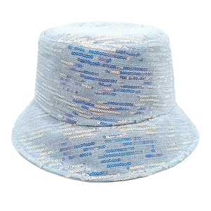 Detail of blue sequin bucket hat with sparkling wavy stripes and round glitter texture