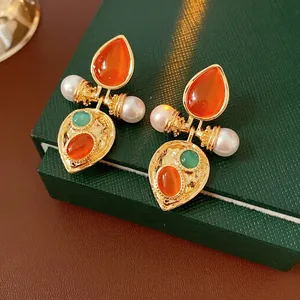 Vintage Palace Drop Earrings Alloy With Silver Earring Post Cat Eye Stone Faux Artificial Pearl Retro Luxury Elegant Women