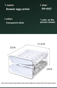Detailed view of 2-layer drawer egg storage box with PP and PET material dimensions