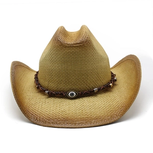 Western straw cowboy hat with woven leather band and blue evil eye pendant detail