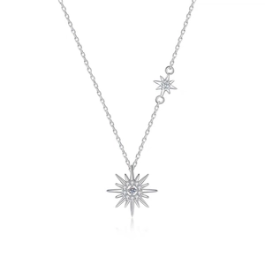 Elegant S925 sterling silver moissanite necklace featuring starburst and moon pendants