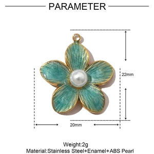 Detail view of enamel flower pendant with pearl, showing dimensions 22mm by 20mm