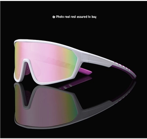 Detail of white sports sunglasses with pink-green gradient lens on reflective surface