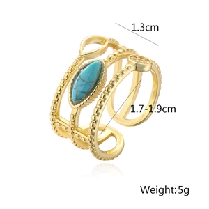 Detail view of 18K gold plated ring featuring dimensions and turquoise stone inlay