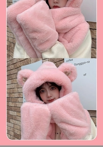 Close-up of pink plush 3-in-1 hooded scarf set with cute bear ears and soft faux fur texture