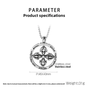 Detailed view of 45x43mm stainless steel gothic vajra pendant with 31g weight parameters