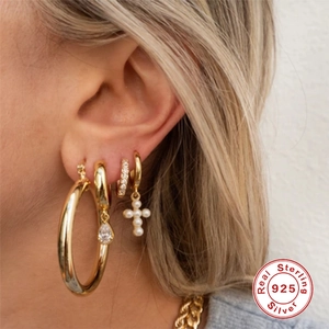 S925 sterling silver gold earrings set with cross pearl pendant and zircon hoops