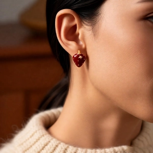 Detail of model wearing red strawberry stud earrings with 18K gold plated accents