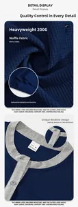 Detail of 200G waffle knit fabric and grey plaid neckline contrast on navy henley shirt