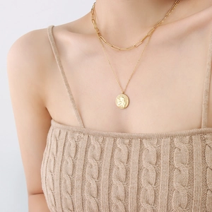 Double Layer Necklace Titanium Steel 18K Gold Plated Paperclip Chain Angel Boy Medallion Pendant Elegant Retro Style