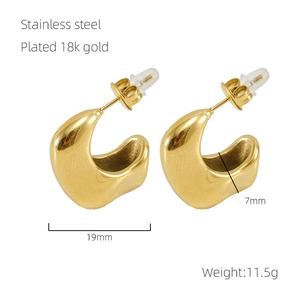 Detail showing 19mm 18k gold plated stainless steel hoop earrings with size specifications