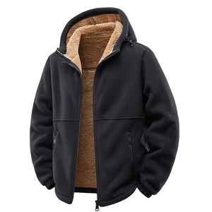 Schwarze Fleecejacke für Herren mit dickem braunem Sherpafutter und Kapuze