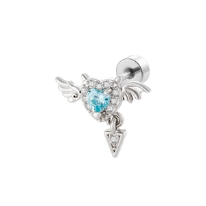 Silver angel wing heart stud earring with light blue zircon and crystal dangle pendant