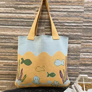 Creative ocean theme knit tote bag with octopus and fish pattern in blue and yellow