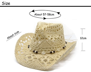 Detail showing dimensions of hollow-out straw cowboy hat with beads and shells