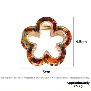 Detail view of leopard print flower hair claw with 5cm x 4.5cm dimensions and metal spring