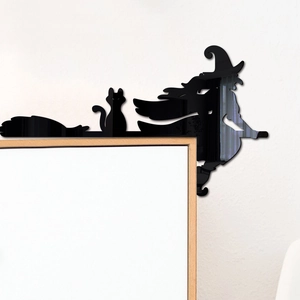 Black acrylic witch and cat silhouette corner decoration for door frames and mirrors