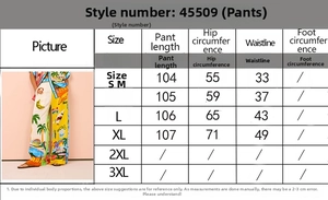 Detailed size chart for women's printed wide-leg trousers showing waist and hip measurements