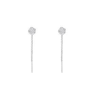 Elegant S999 sterling silver rose flower tassel drop earrings for women on white background
