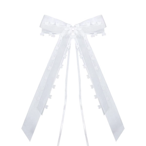 Elegant white wedding car ribbon bow with heart lace edges and long flowing streamers