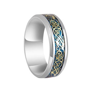 Silver stainless steel ring featuring a blue dragon pattern and golden Celtic inlay