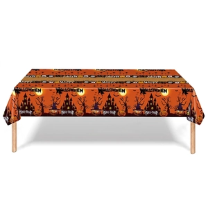 Halloween party tablecloth with orange pumpkin bats and dark castle holiday patterns