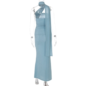 Detailed back view of a blue strapless maxi dress with matching elegant long chiffon scarf