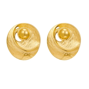 Textured golden hammer-patterned stud earrings with a polished pearl accent on white background