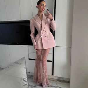 Pink Women Blazer And Lace Skirt Outfit Double Breasted Suit Jacket High Waist Elegant Streetwear Clothing