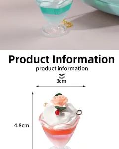 Detailed size view of miniature 4.8cm faux ice cream sundae charm with cream and roses