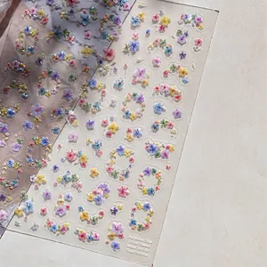 3D embossed French floral nail stickers with glitter finish and dried flower patterns