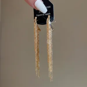 Elegant gold plated drop tassel earrings with long metallic bead chains for women
