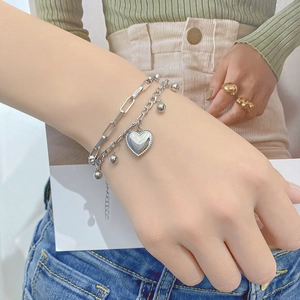 Double-layer stainless steel heart charm bracelet with round beads for women