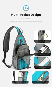 Detail view of water-resistant chest bag with multiple functional storage compartments