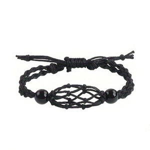 Detail view of adjustable black braided cord holder with mesh cage and obsidian beads