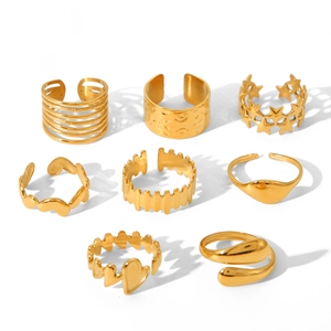 8-piece set of 18K gold-plated stainless steel open rings with star and heart patterns