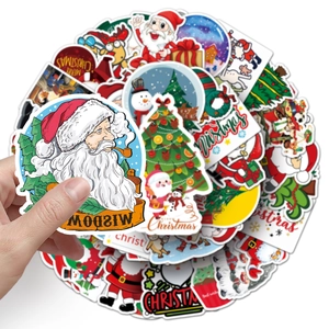 50pcs festive Christmas stickers with Santa and tree motifs for laptop decoration