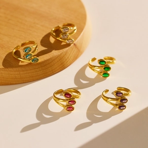 Three-layer gold stainless steel open ring featuring colorful vertical oval zircons