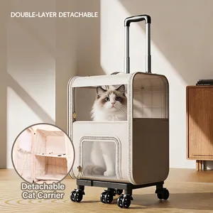 Double-layer pet rolling carrier with wheels and breathable mesh for two cats travel