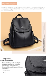 Close-up of pebble grain leather texture and metallic kangaroo logo on black backpack