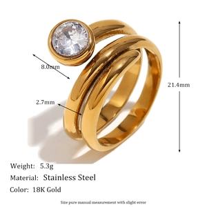 18K gold plated stainless steel double snake head ring with round white diamond crystal