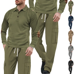 Men Corduroy Ribbed Casual Suit Long Sleeve Polo Shirt And Cargo Pants With Elbow Patches Drawstring Pocket Urban Fashion