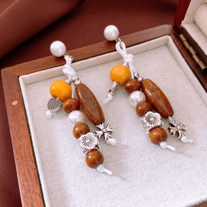 Detailed shot of ethnic beaded earrings with wood beads and crosses in a wooden box